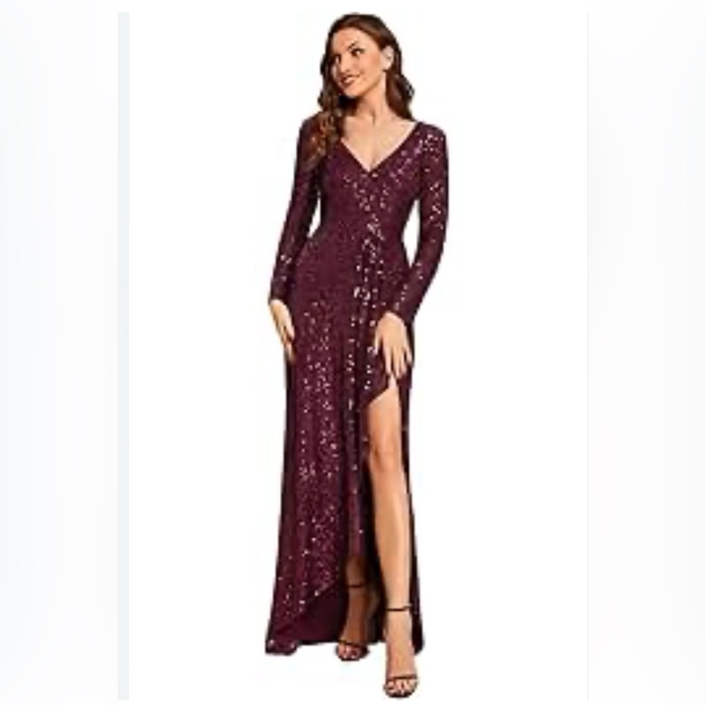 Xscape Sequined Long Sleeve Slit Dress